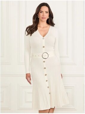 Marciano Ivory Ribbed V‑Neck Long Sleeve Button Midi Dress - Size XXS/XS